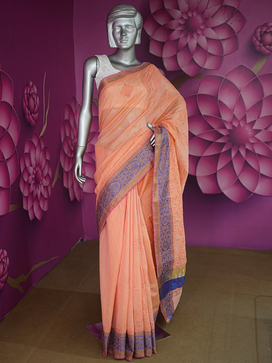 Ada Hand Embroidered Peach Chanderi Lucknowi Chikankari Saree and Blouse 01A661282