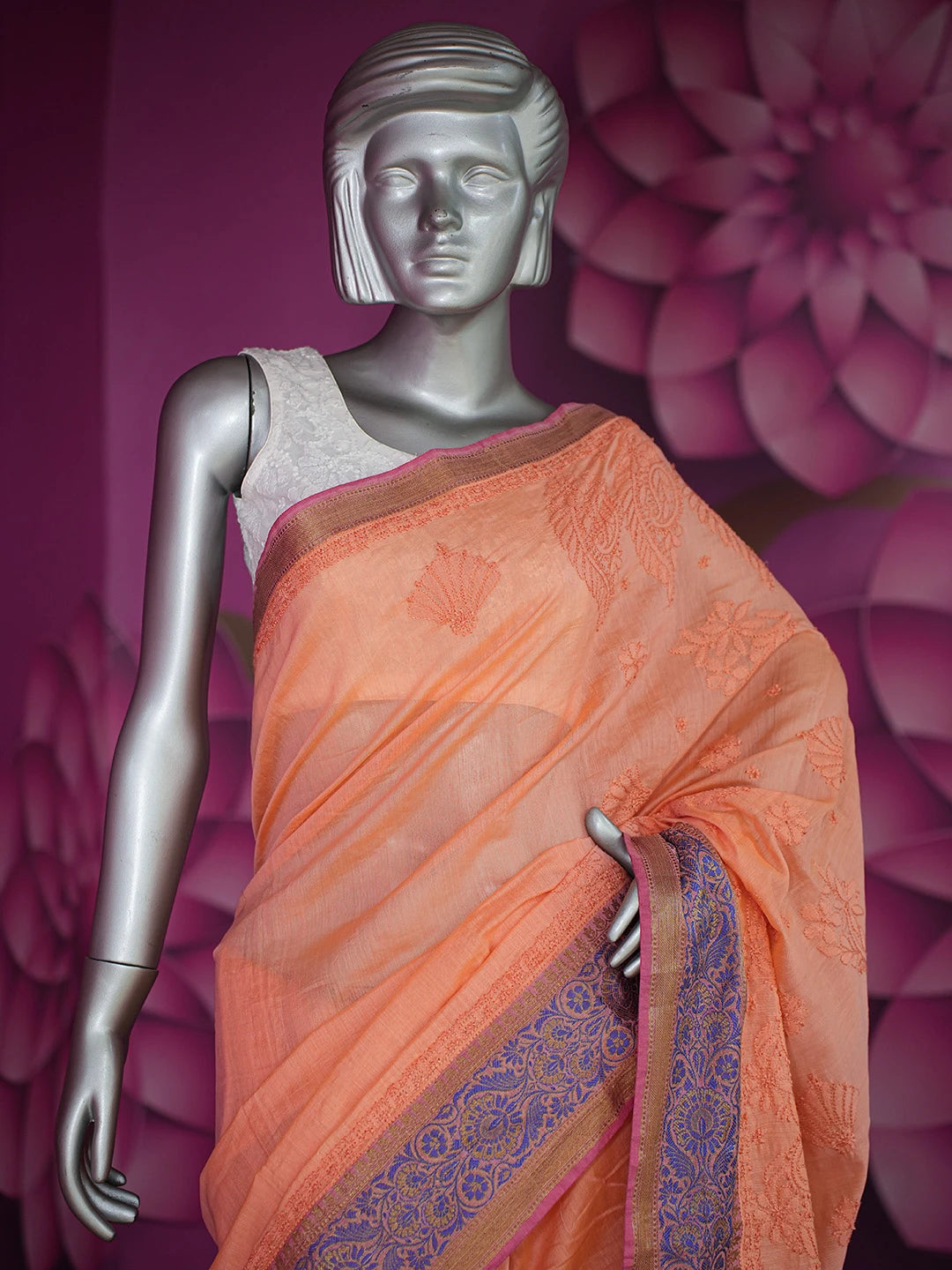 Ada Hand Embroidered Peach Chanderi Lucknowi Chikankari Saree and Blouse 01A661282