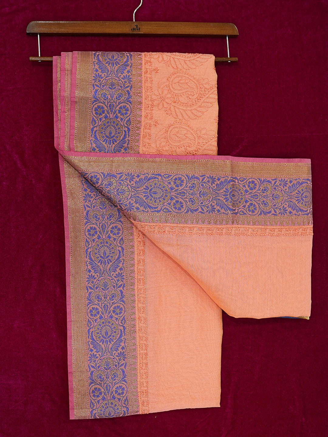 Ada Hand Embroidered Peach Chanderi Lucknowi Chikankari Saree and Blouse 01A661282