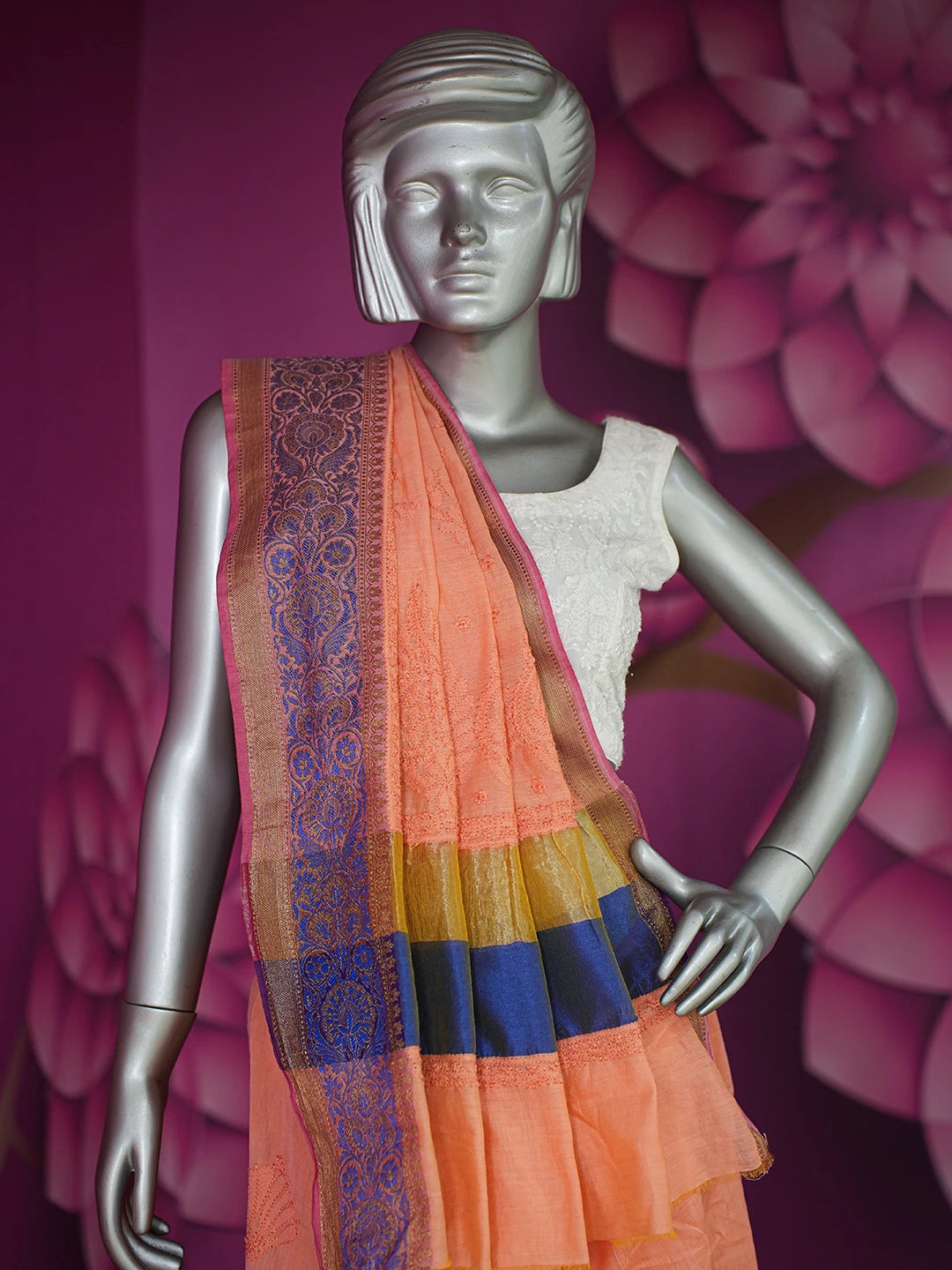Ada Hand Embroidered Peach Chanderi Lucknowi Chikankari Saree and Blouse 01A661282
