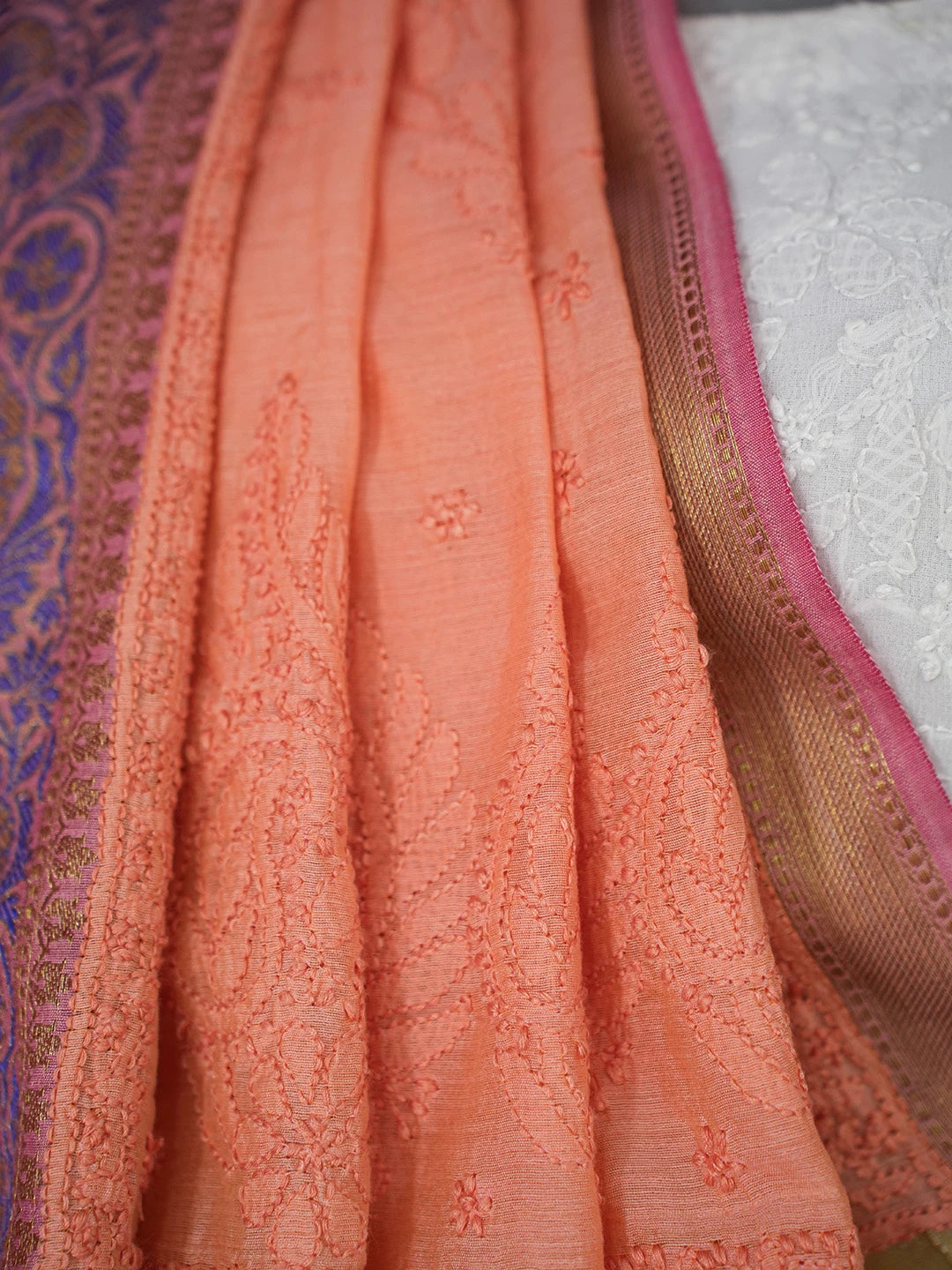 Ada Hand Embroidered Peach Chanderi Lucknowi Chikankari Saree and Blouse 01A661282