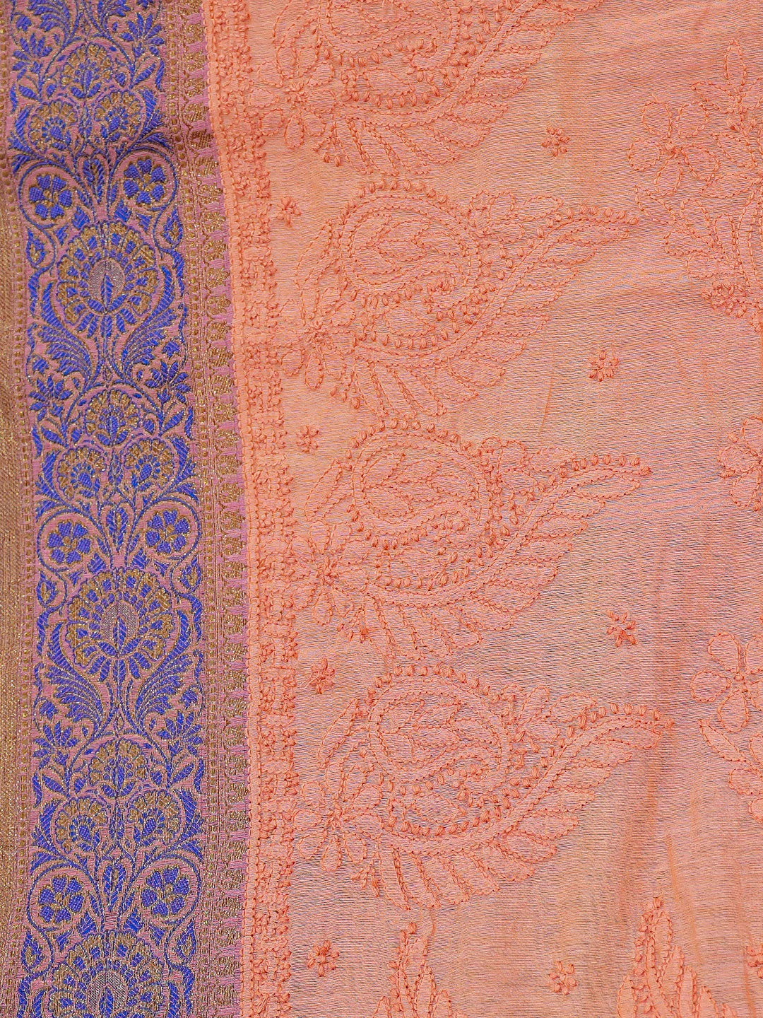Ada Hand Embroidered Peach Chanderi Lucknowi Chikankari Saree and Blouse 01A661282