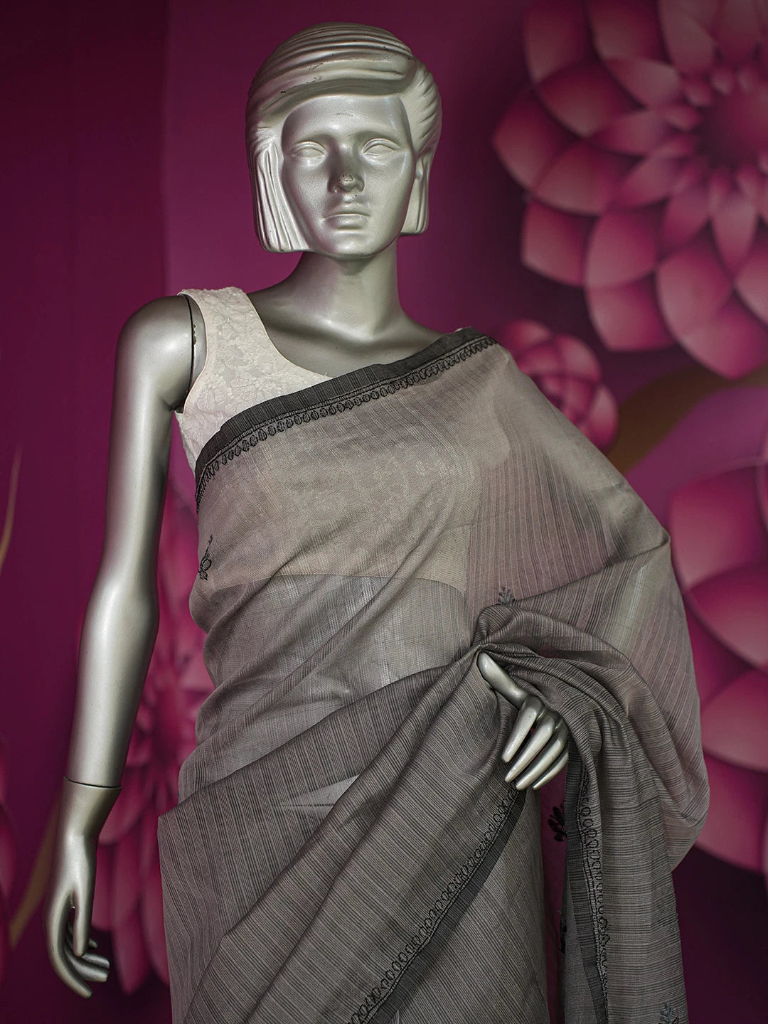 Ada Hand Embroidered Davy's Gray  Kota Chanderi Lucknowi Chikankari Saree With Blouse 01A717601