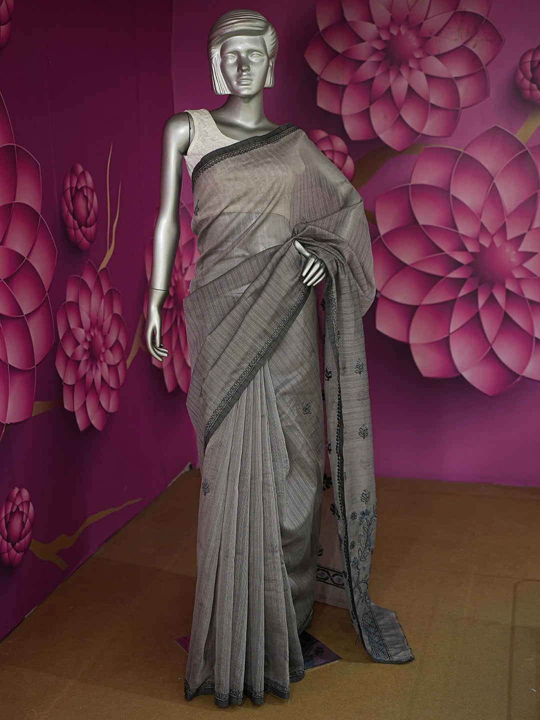 Ada Hand Embroidered Davy's Gray  Kota Chanderi Lucknowi Chikankari Saree With Blouse 01A717601