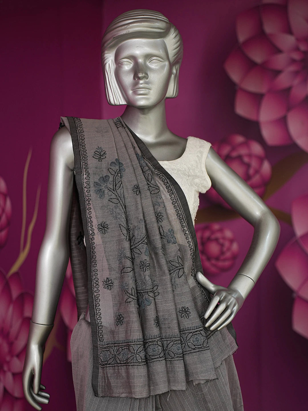 Ada Hand Embroidered Davy's Gray  Kota Chanderi Lucknowi Chikankari Saree With Blouse 01A717601