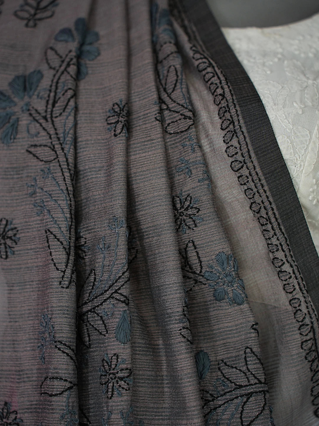 Ada Hand Embroidered Davy's Gray  Kota Chanderi Lucknowi Chikankari Saree With Blouse 01A717601