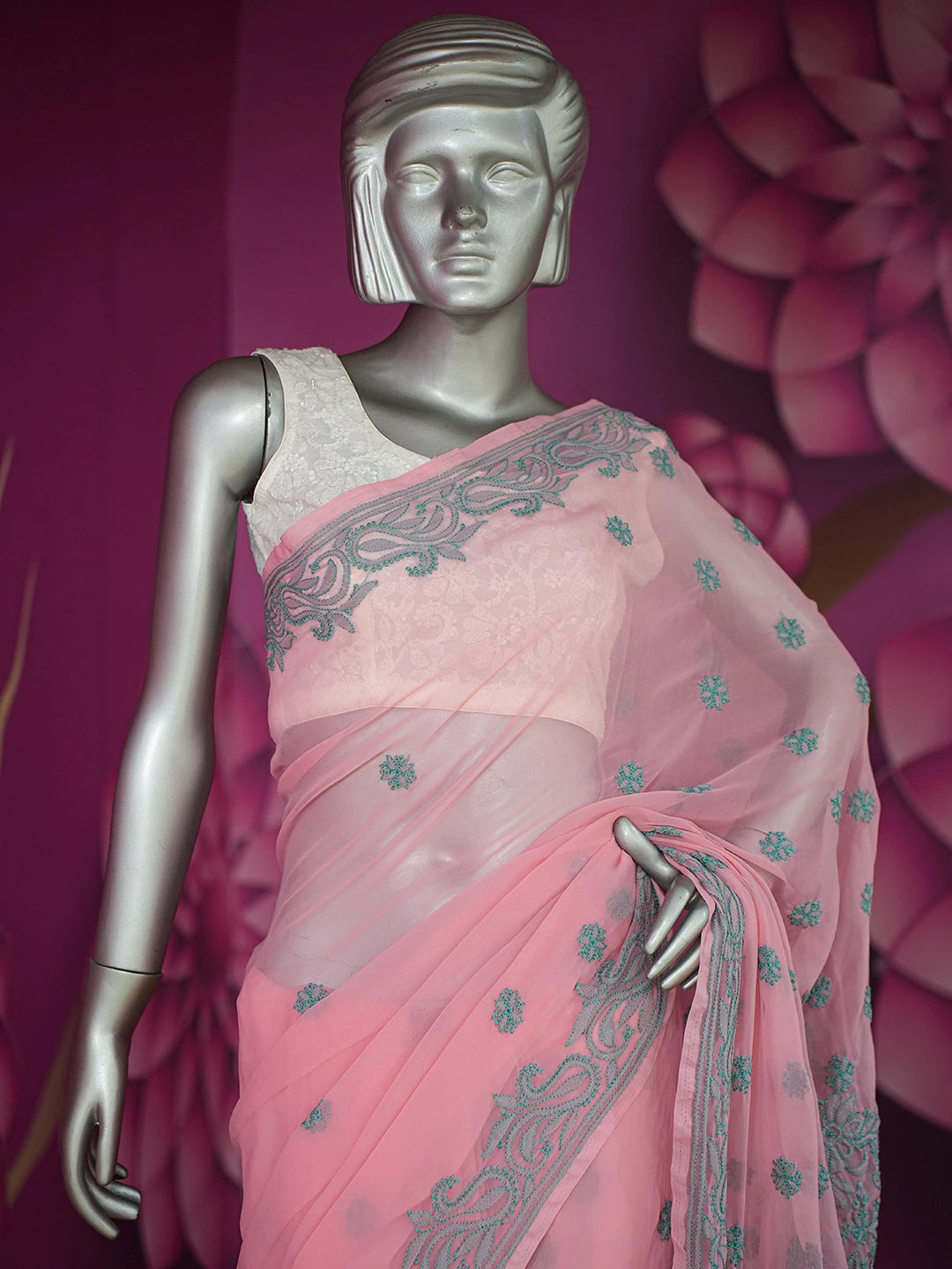 Ada Hand Embroidered Rose Pompadour PInk Georgette Lucknowi Chikankari Saree and Blouse 01A672464