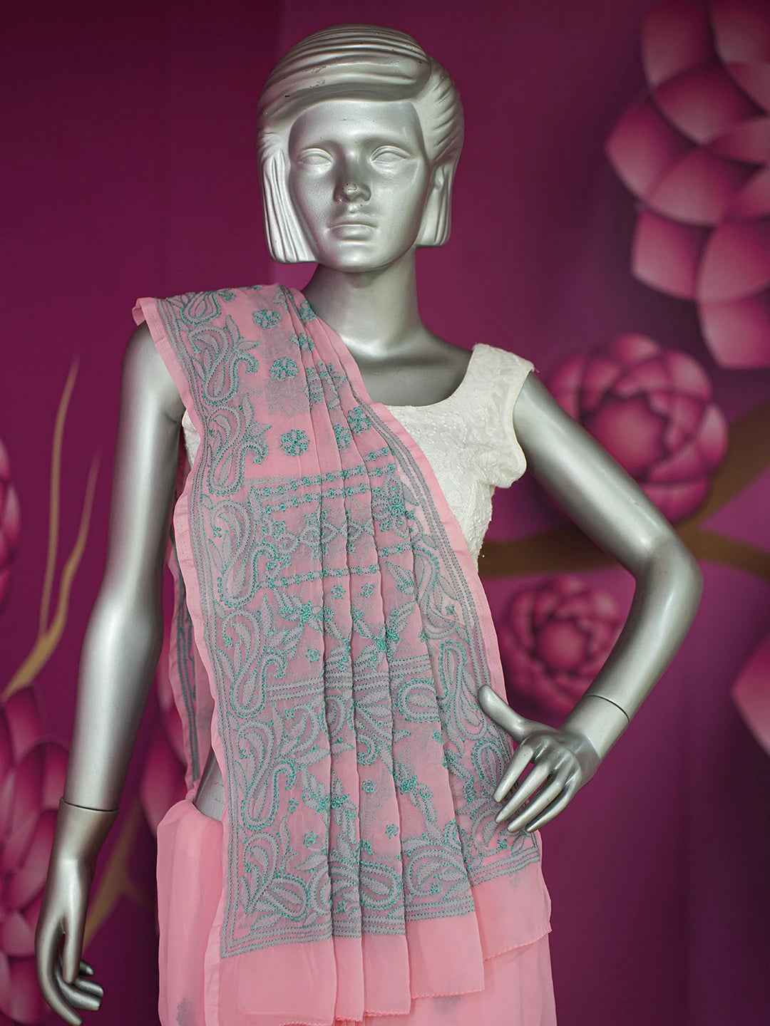 Ada Hand Embroidered Rose Pompadour PInk Georgette Lucknowi Chikankari Saree and Blouse 01A672464