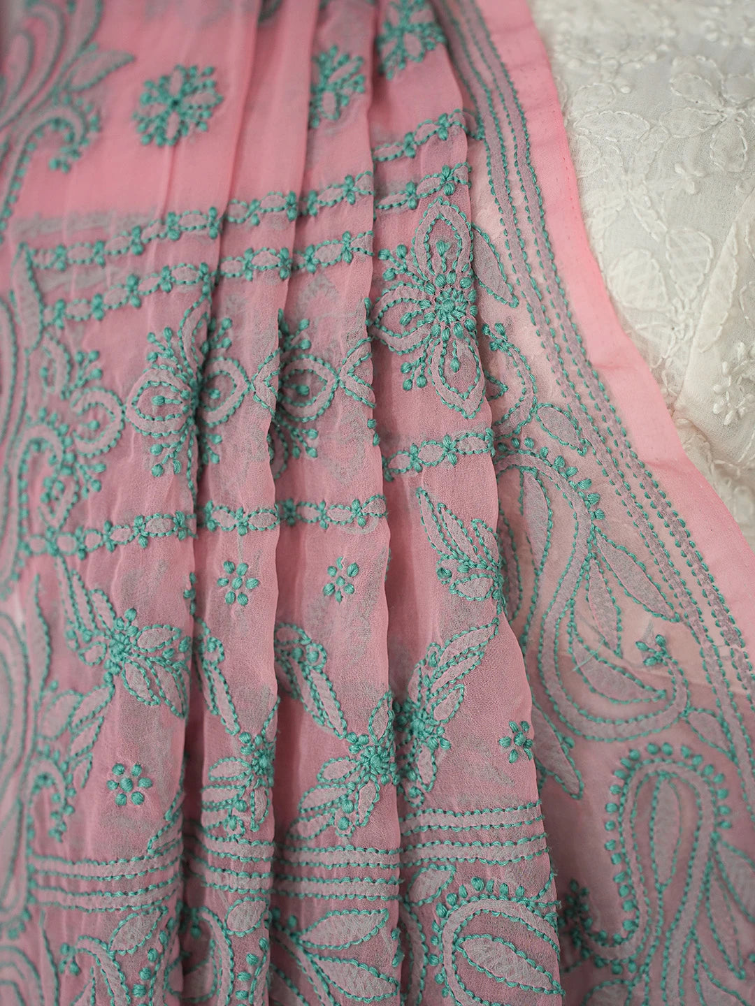 Ada Hand Embroidered Rose Pompadour PInk Georgette Lucknowi Chikankari Saree and Blouse 01A672464