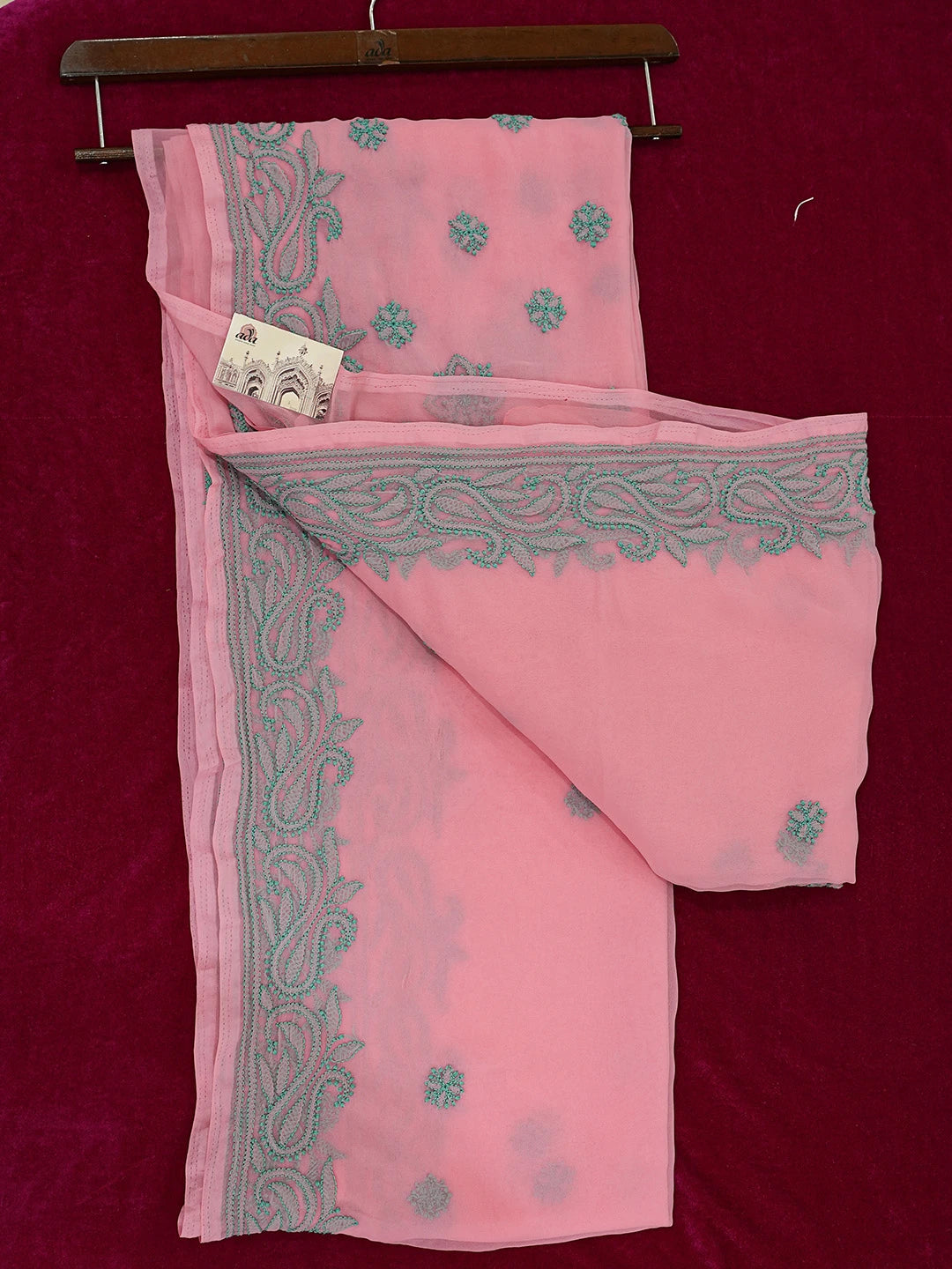 Ada Hand Embroidered Rose Pompadour PInk Georgette Lucknowi Chikankari Saree and Blouse 01A672464