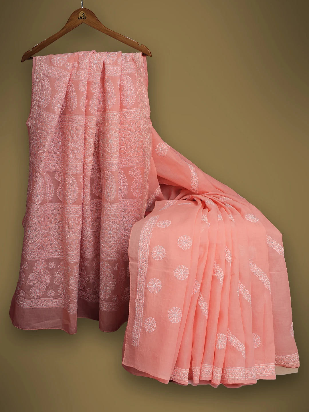 Ada Hand Embroidered Carrot Pink Cotton Lucknowi Chikankari Saree and Blouse 01A511616