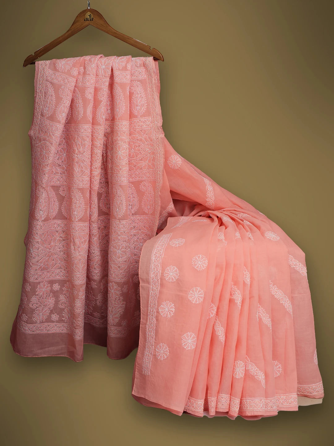 Ada Hand Embroidered Carrot Pink Cotton Lucknowi Chikankari Saree and Blouse 01A511616