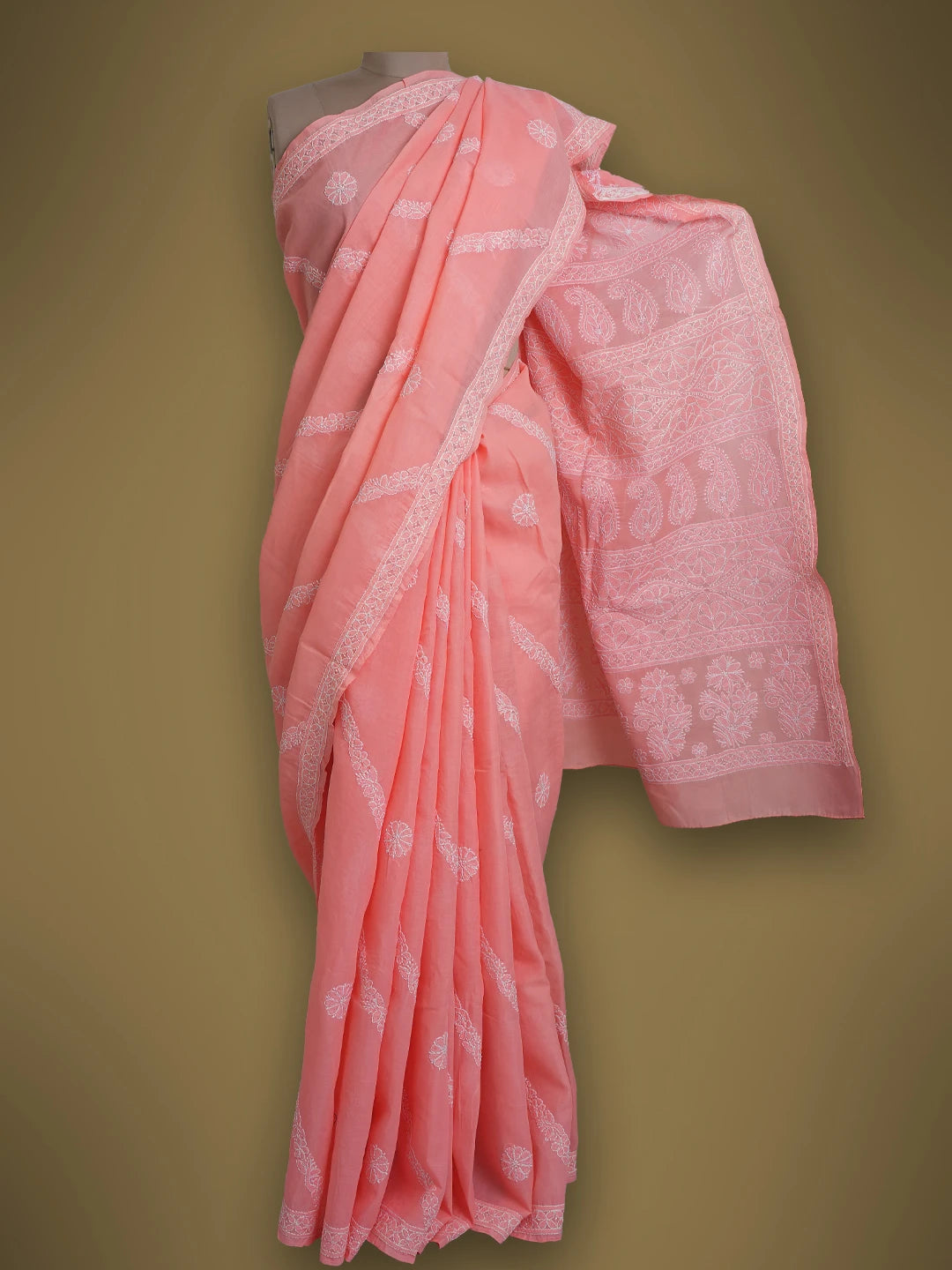 Ada Hand Embroidered Carrot Pink Cotton Lucknowi Chikankari Saree and Blouse 01A511616
