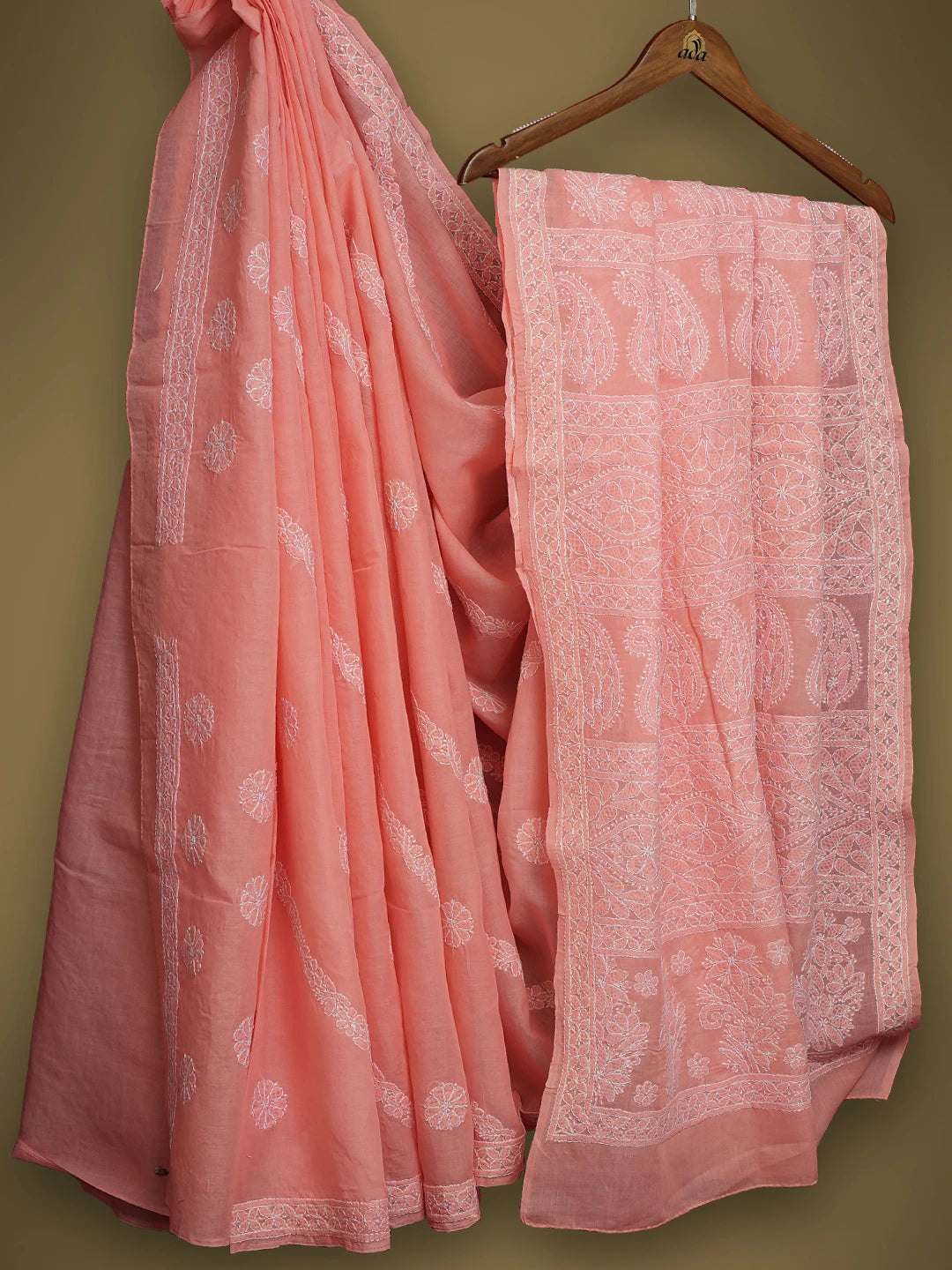 Ada Hand Embroidered Carrot Pink Cotton Lucknowi Chikankari Saree and Blouse 01A511616