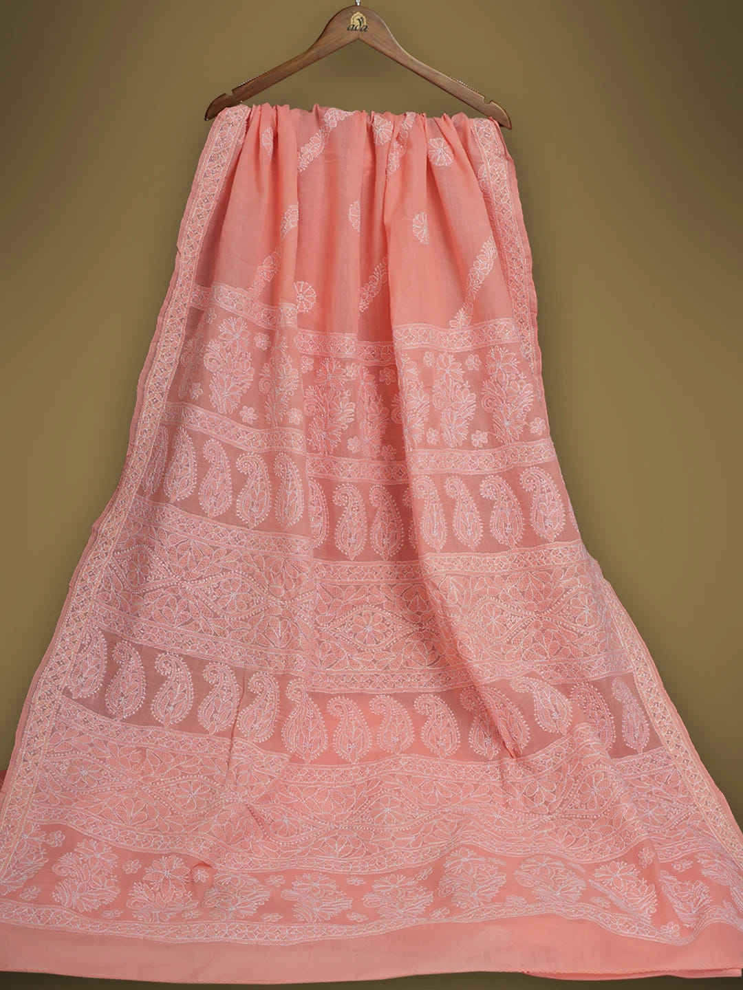 Ada Hand Embroidered Carrot Pink Cotton Lucknowi Chikankari Saree and Blouse 01A511616