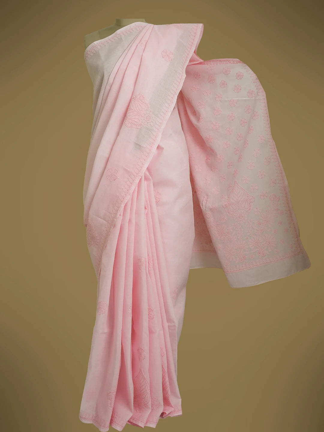 Ada Hand Embroidered Pink Cotton Lucknowi Chikankari Saree and Blouse 01A613627