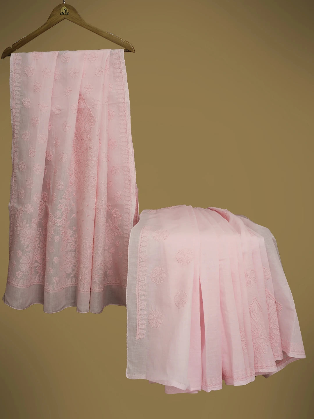 Ada Hand Embroidered Pink Cotton Lucknowi Chikankari Saree and Blouse 01A613627