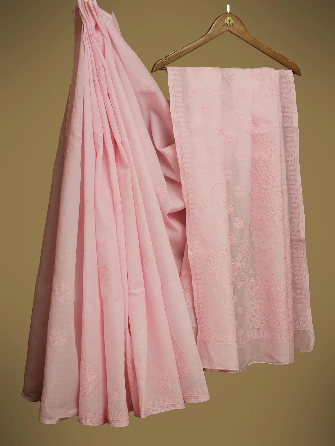 Ada Hand Embroidered Pink Cotton Lucknowi Chikankari Saree and Blouse 01A613627