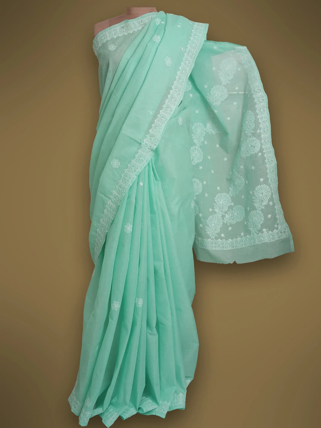 Ada Hand Embroidered Blue Cotton Lucknowi Chikankari Saree With Blouse 01A720551