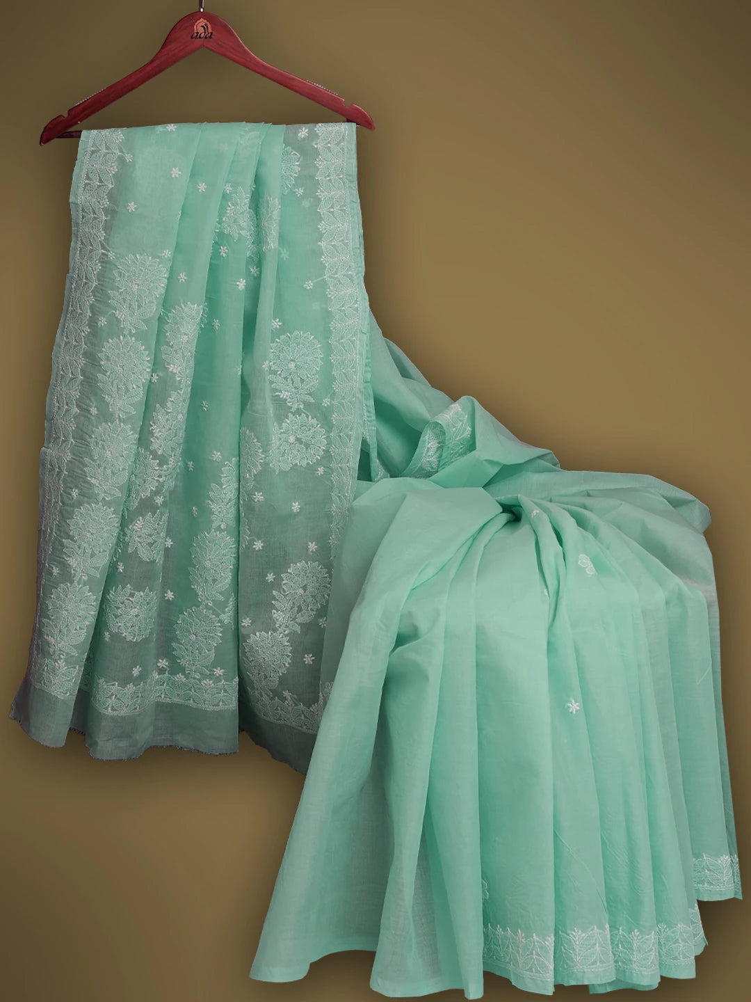 Ada Hand Embroidered Blue Cotton Lucknowi Chikankari Saree With Blouse 01A720551