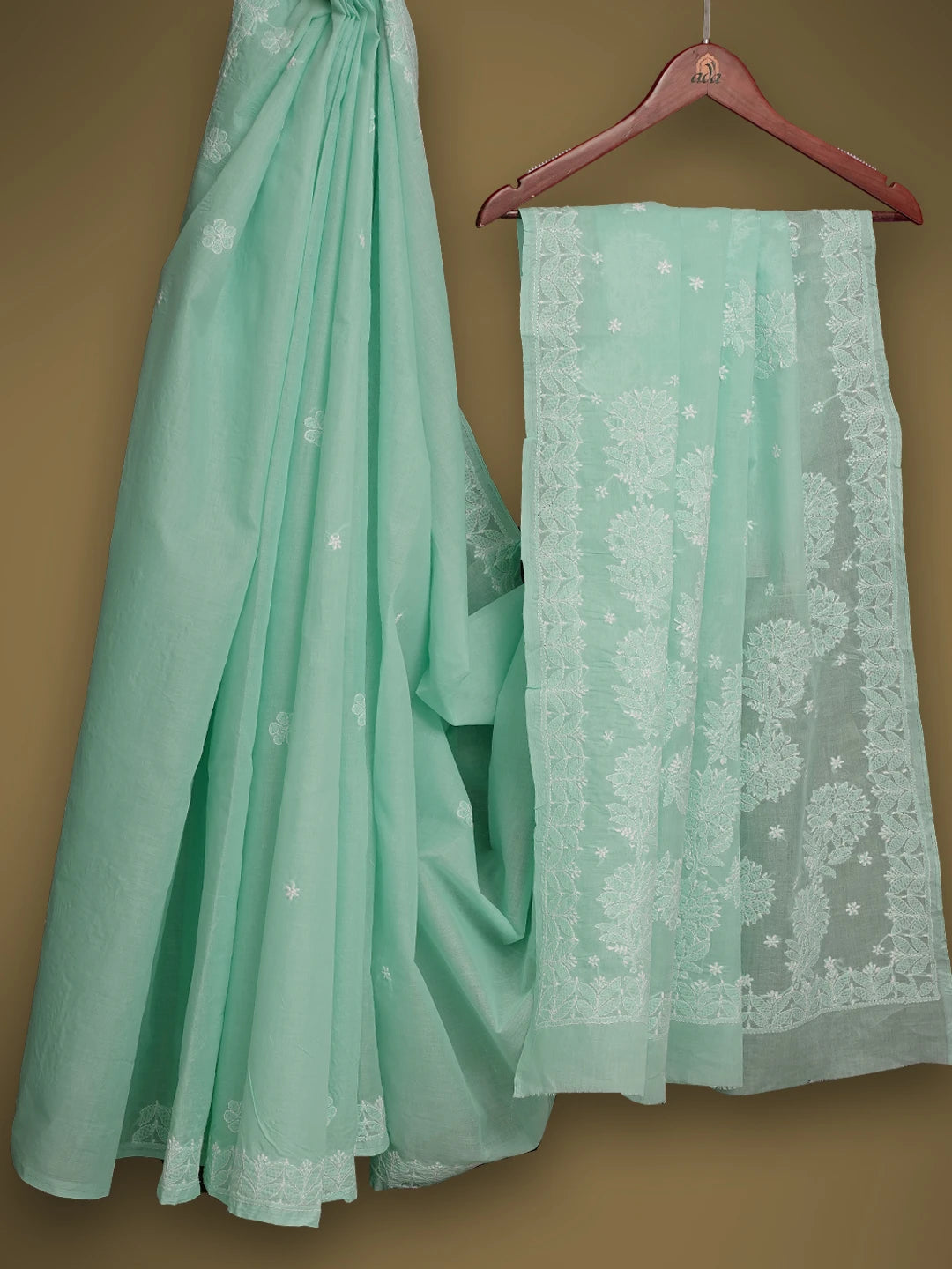 Ada Hand Embroidered Blue Cotton Lucknowi Chikankari Saree With Blouse 01A720551