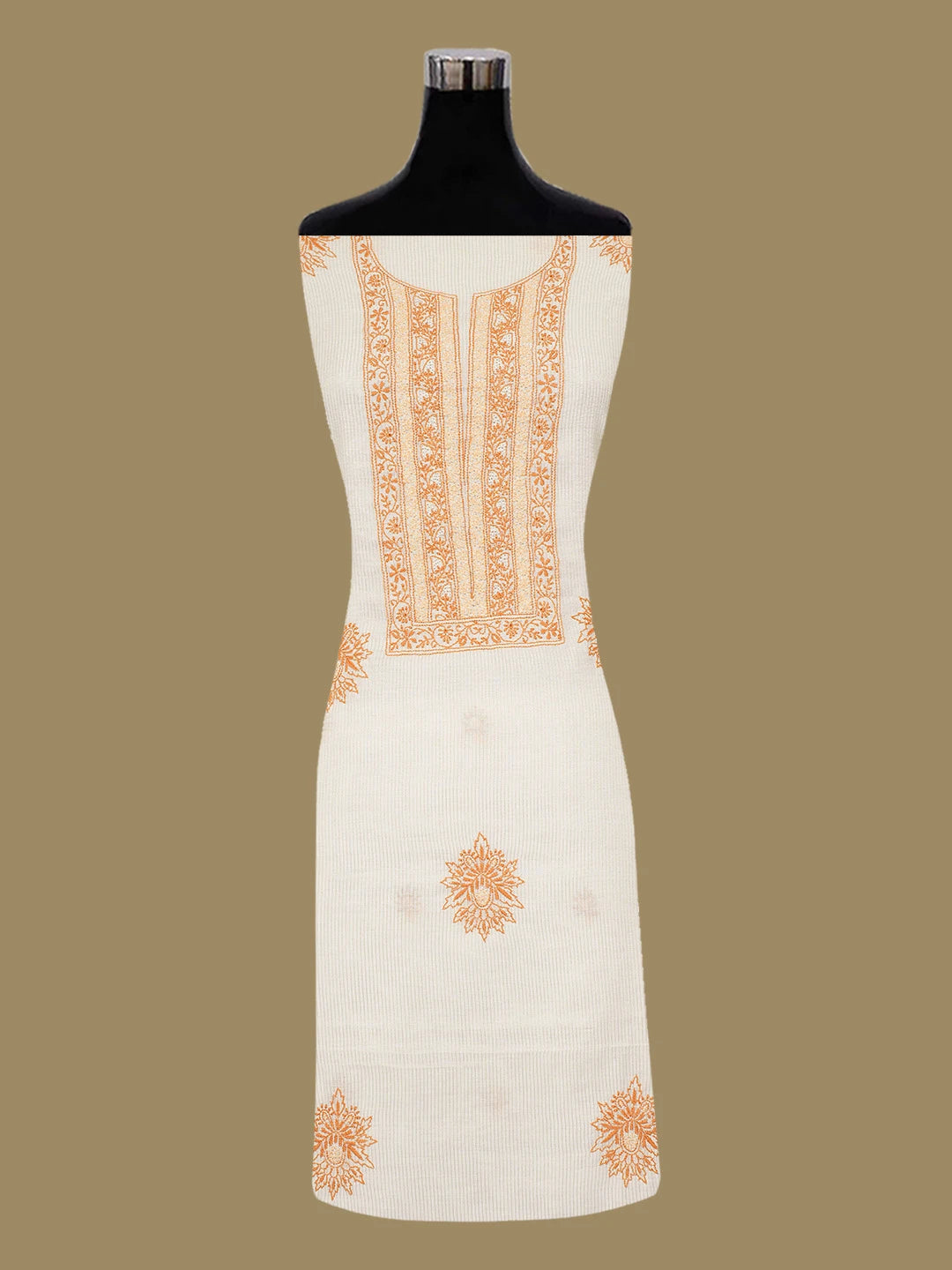 Ada Hand Embroidered Cream Chanderi Lucknowi Chikankari Unstitched Kurta Dupatta Set 01A628694