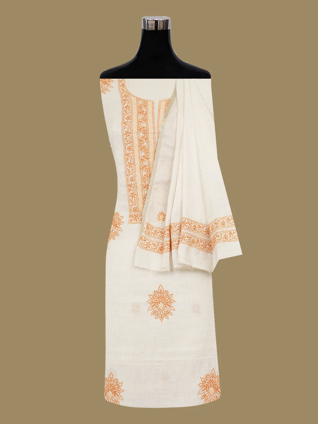 Ada Hand Embroidered Cream Chanderi Lucknowi Chikankari Unstitched Kurta Dupatta Set 01A628694
