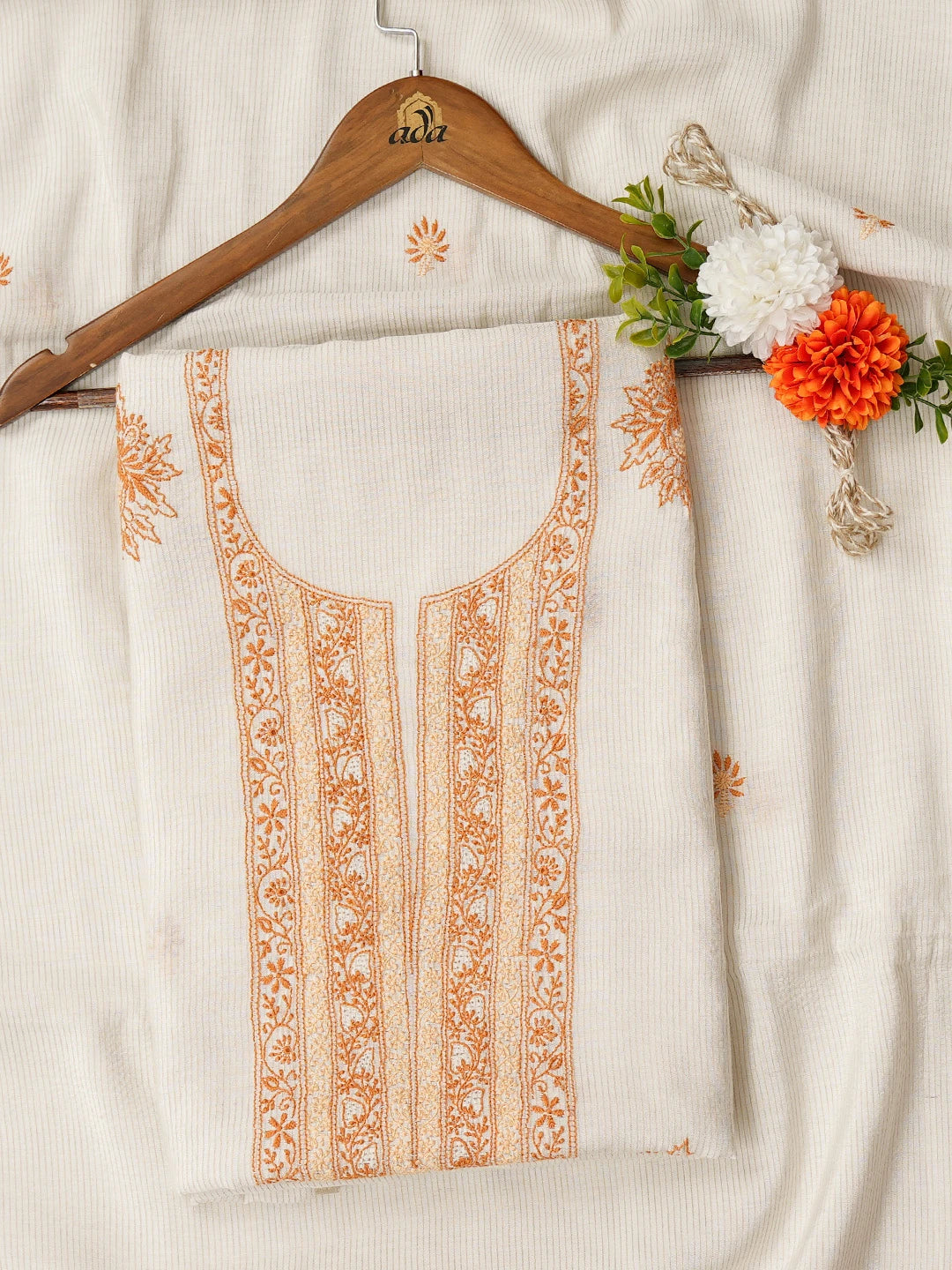 Ada Hand Embroidered Cream Chanderi Lucknowi Chikankari Unstitched Kurta Dupatta Set 01A628694