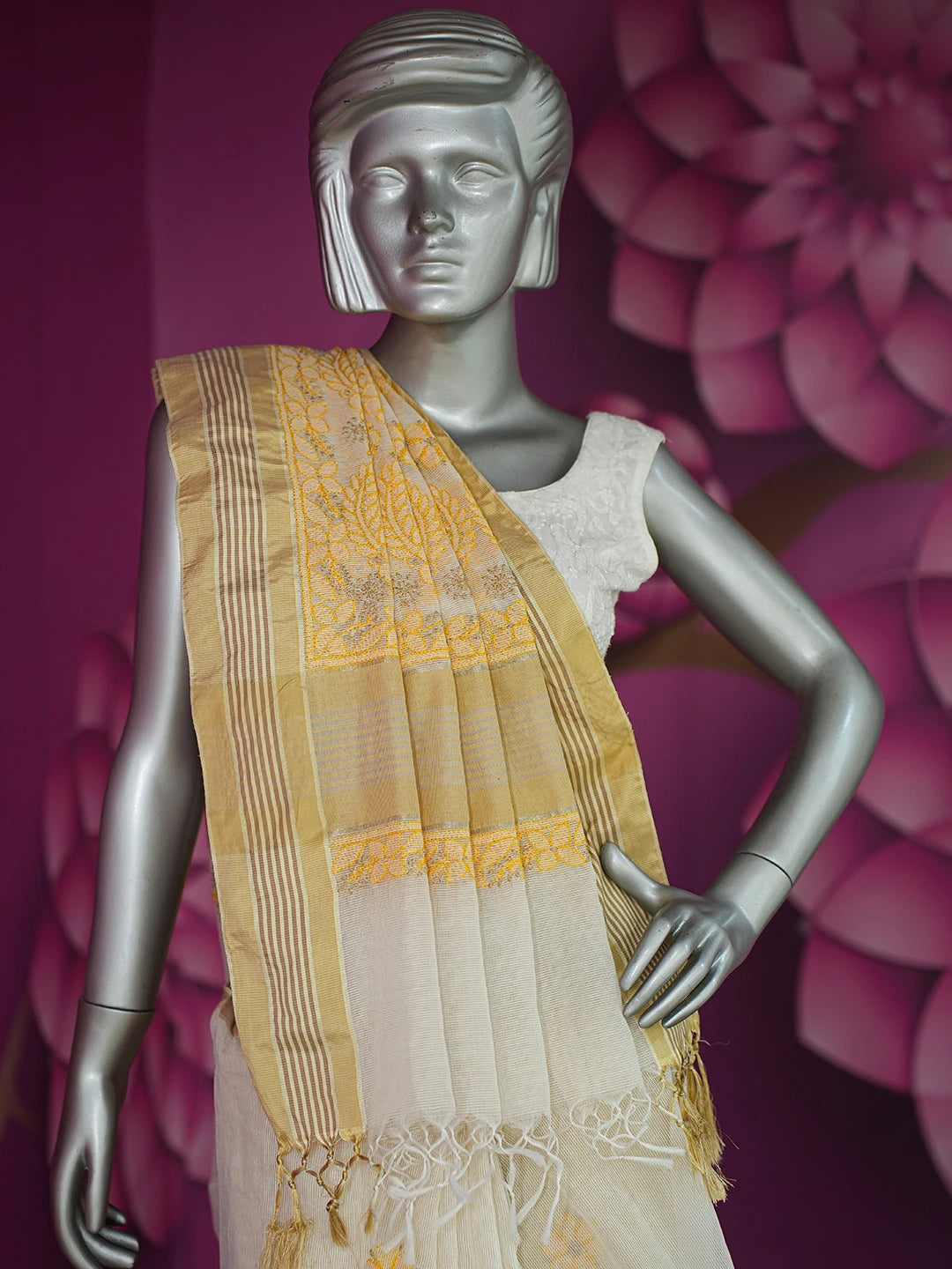 Ada Hand Embroidered Fawn Kota Chanderi Lucknowi Chikankari Saree and Blouse 01A680981