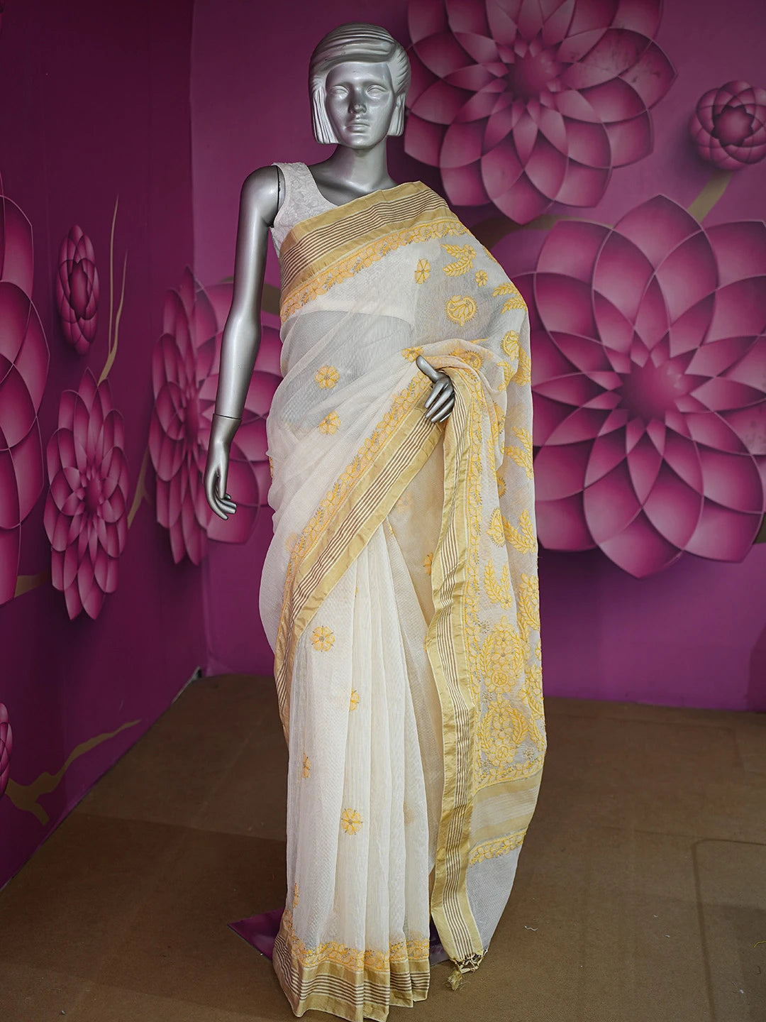 Ada Hand Embroidered Fawn Kota Chanderi Lucknowi Chikankari Saree and Blouse 01A680981