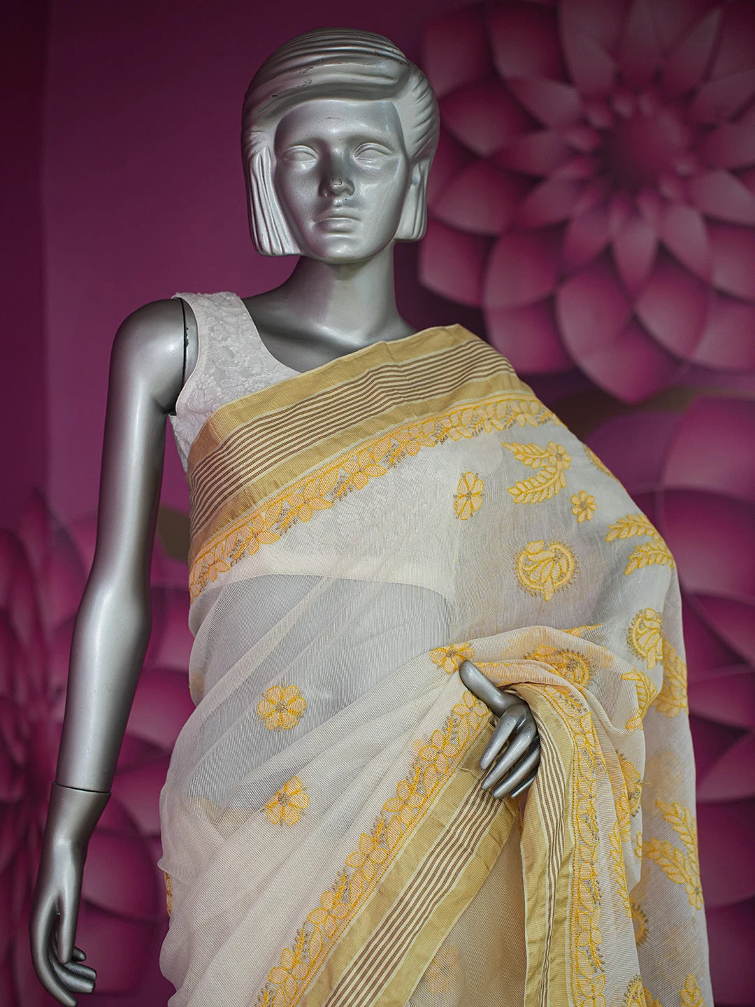 Ada Hand Embroidered Fawn Kota Chanderi Lucknowi Chikankari Saree and Blouse 01A680981
