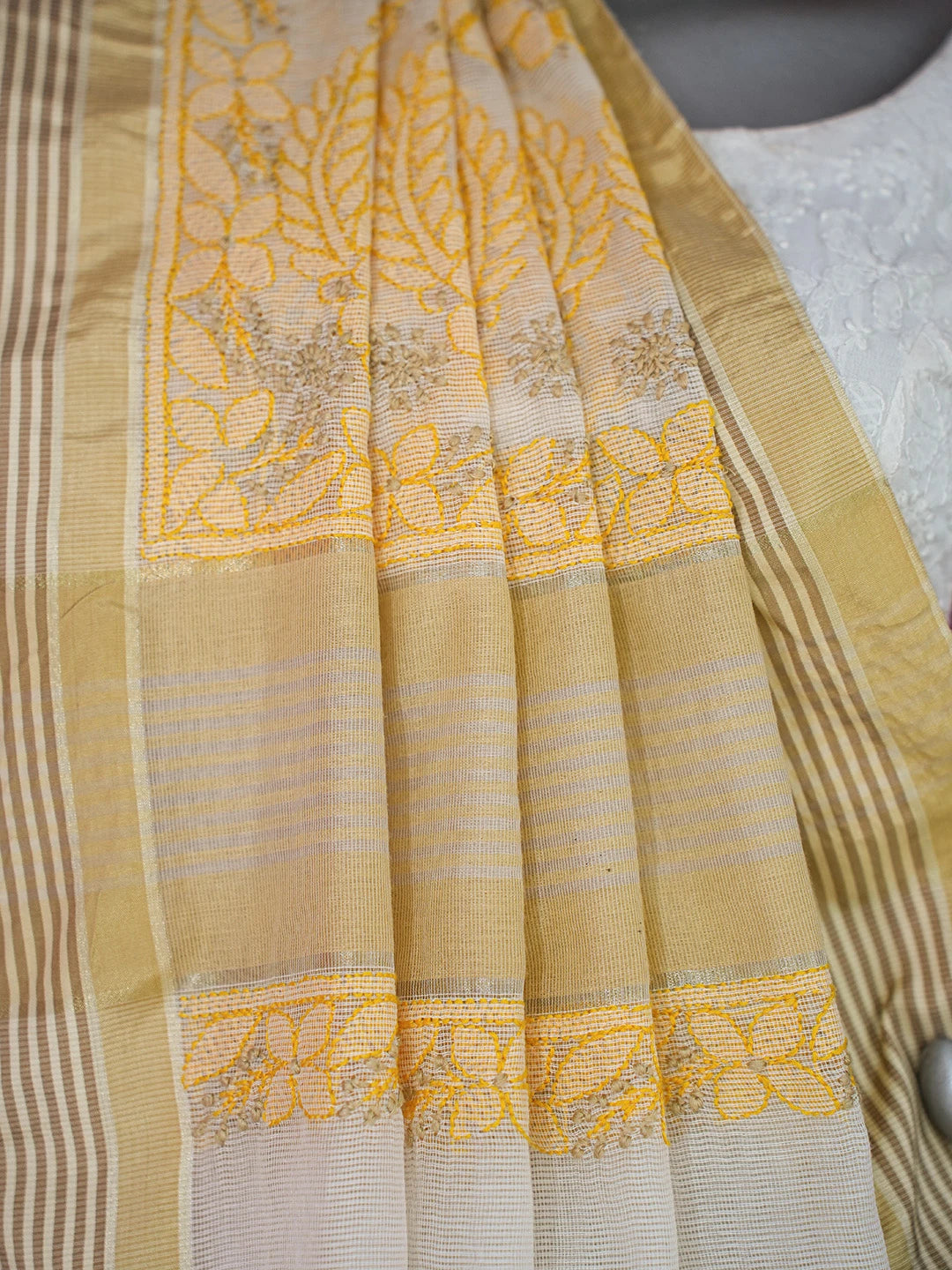 Ada Hand Embroidered Fawn Kota Chanderi Lucknowi Chikankari Saree and Blouse 01A680981