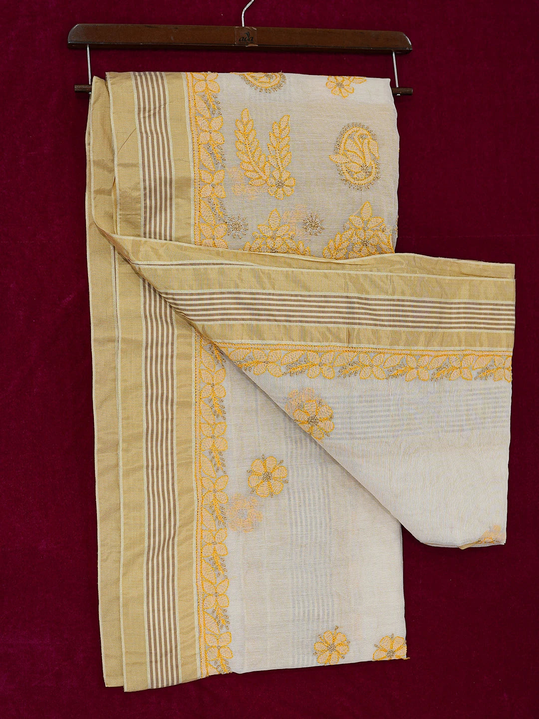 Ada Hand Embroidered Fawn Kota Chanderi Lucknowi Chikankari Saree and Blouse 01A680981