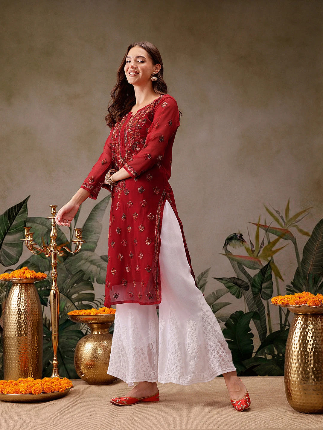 Ada Hand Embroidered Red Georgette Lucknowi Chikankari Straight Kurta With Slip A411155