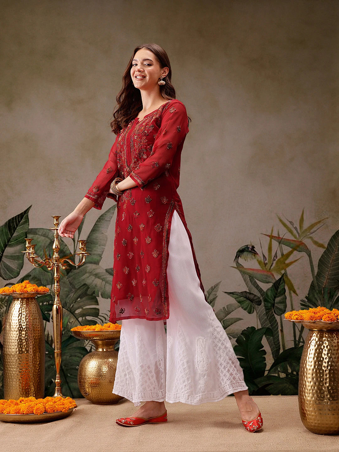 Ada Hand Embroidered Red Georgette Lucknowi Chikankari Straight Kurta With Slip A411155