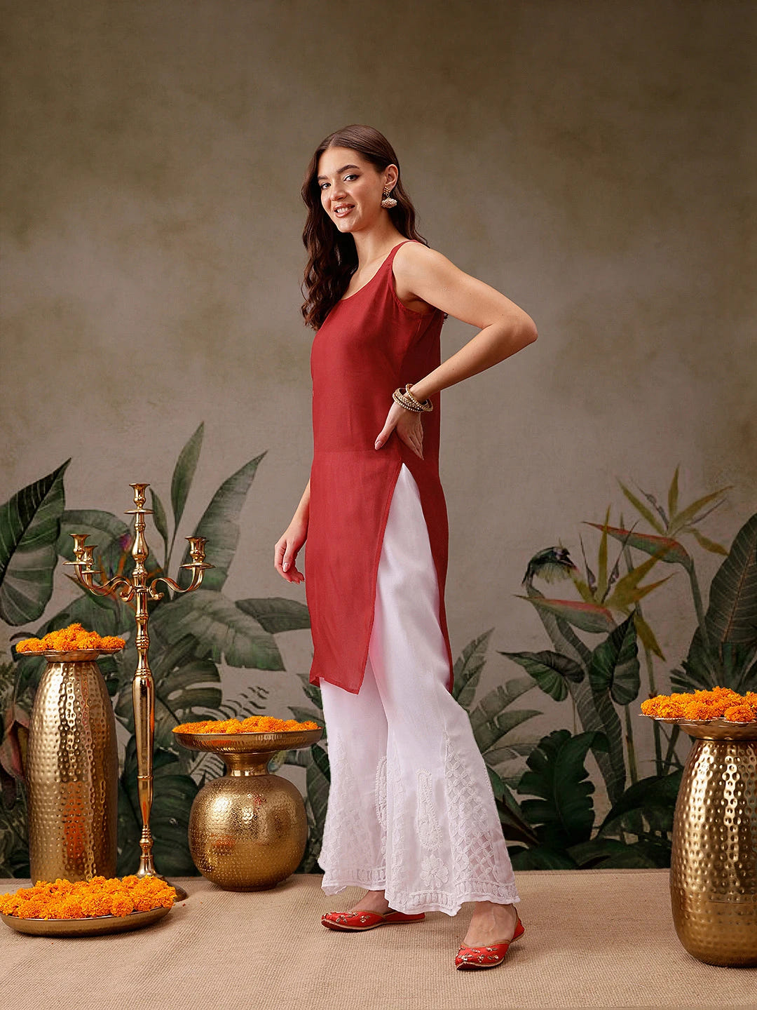 Ada Hand Embroidered Red Georgette Lucknowi Chikankari Straight Kurta With Slip A411155