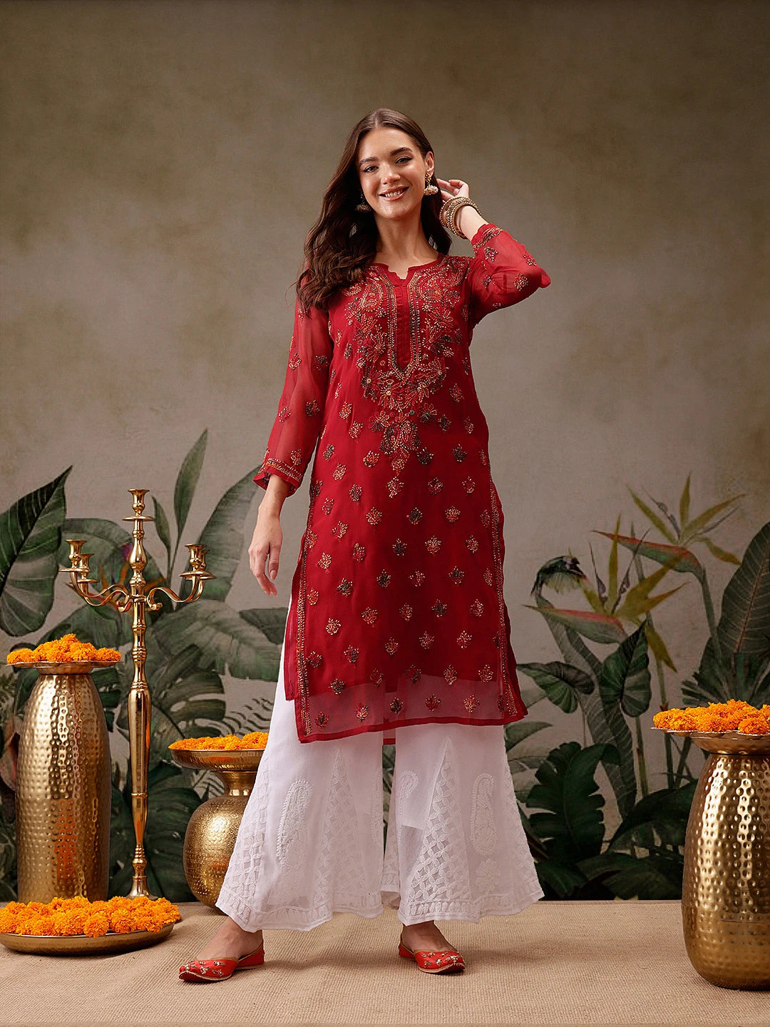 Ada Hand Embroidered Red Georgette Lucknowi Chikankari Straight Kurta With Slip A411155