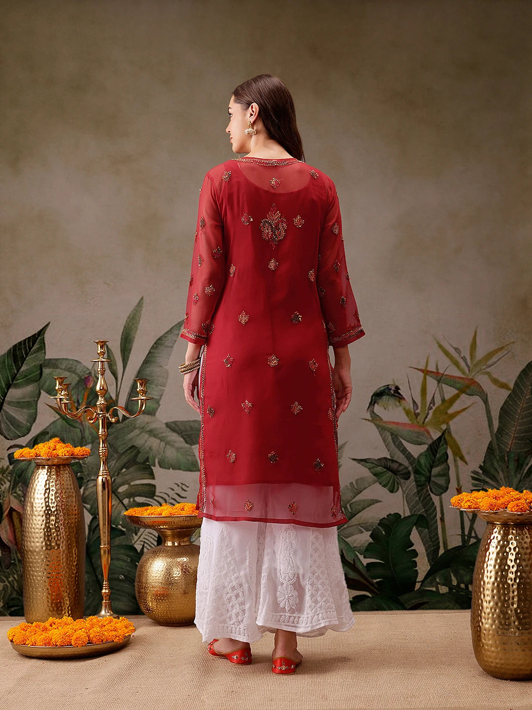 Ada Hand Embroidered Red Georgette Lucknowi Chikankari Straight Kurta With Slip A411155