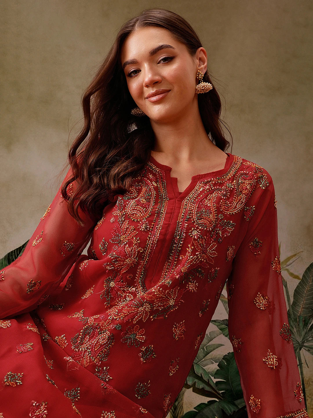 Ada Hand Embroidered Red Georgette Lucknowi Chikankari Straight Kurta With Slip A411155