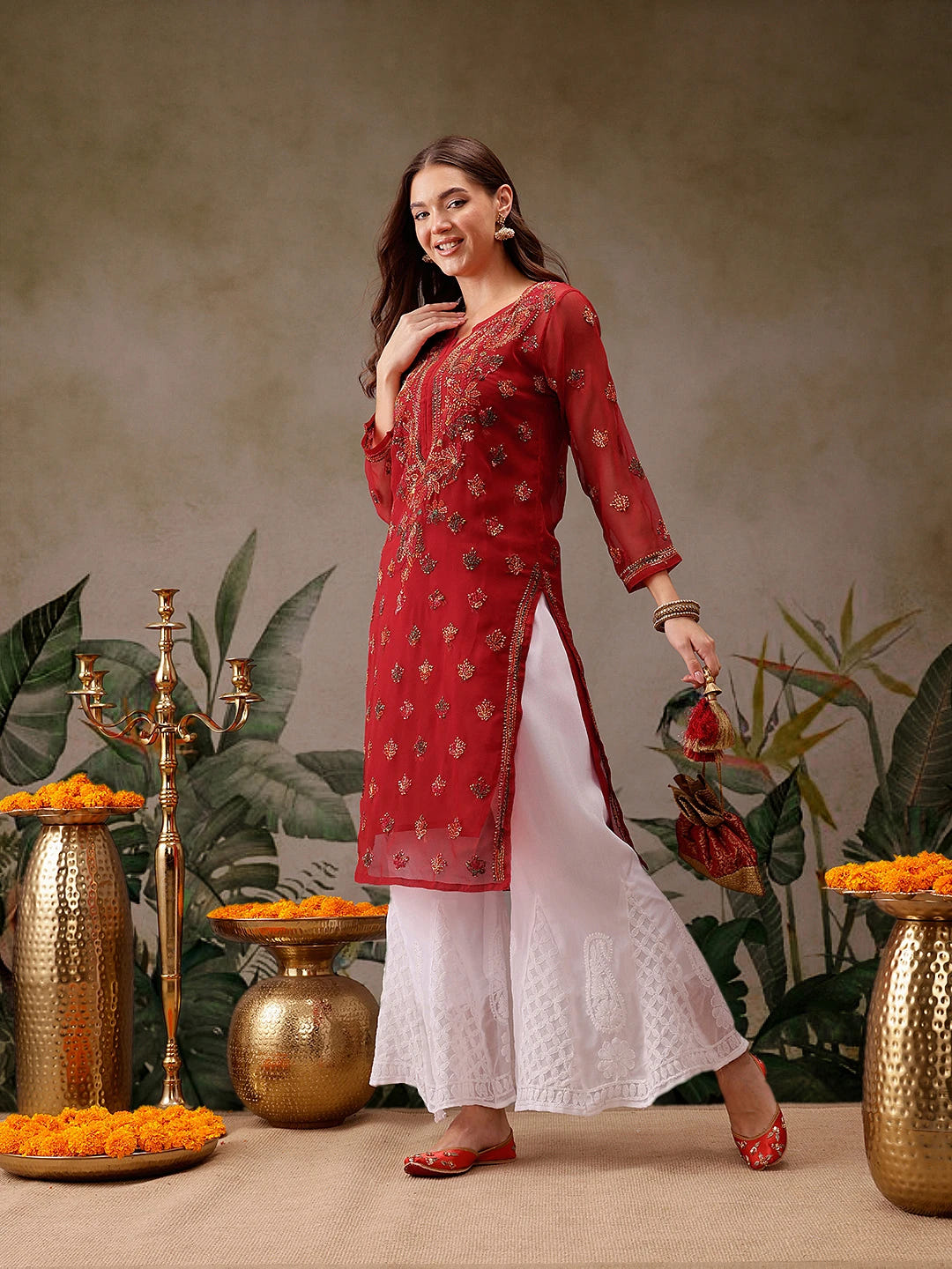 Ada Hand Embroidered Red Georgette Lucknowi Chikankari Straight Kurta With Slip A411155