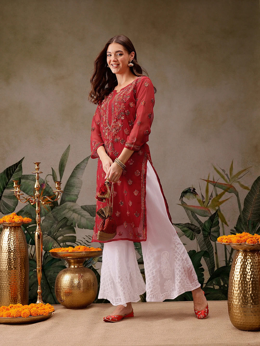 Ada Hand Embroidered Red Georgette Lucknowi Chikankari Straight Kurta With Slip A411155