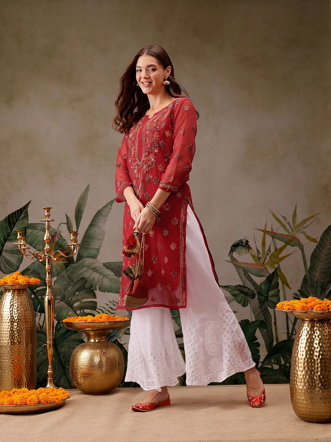 Ada Hand Embroidered Red Georgette Lucknowi Chikankari Straight Kurta With Slip A411155