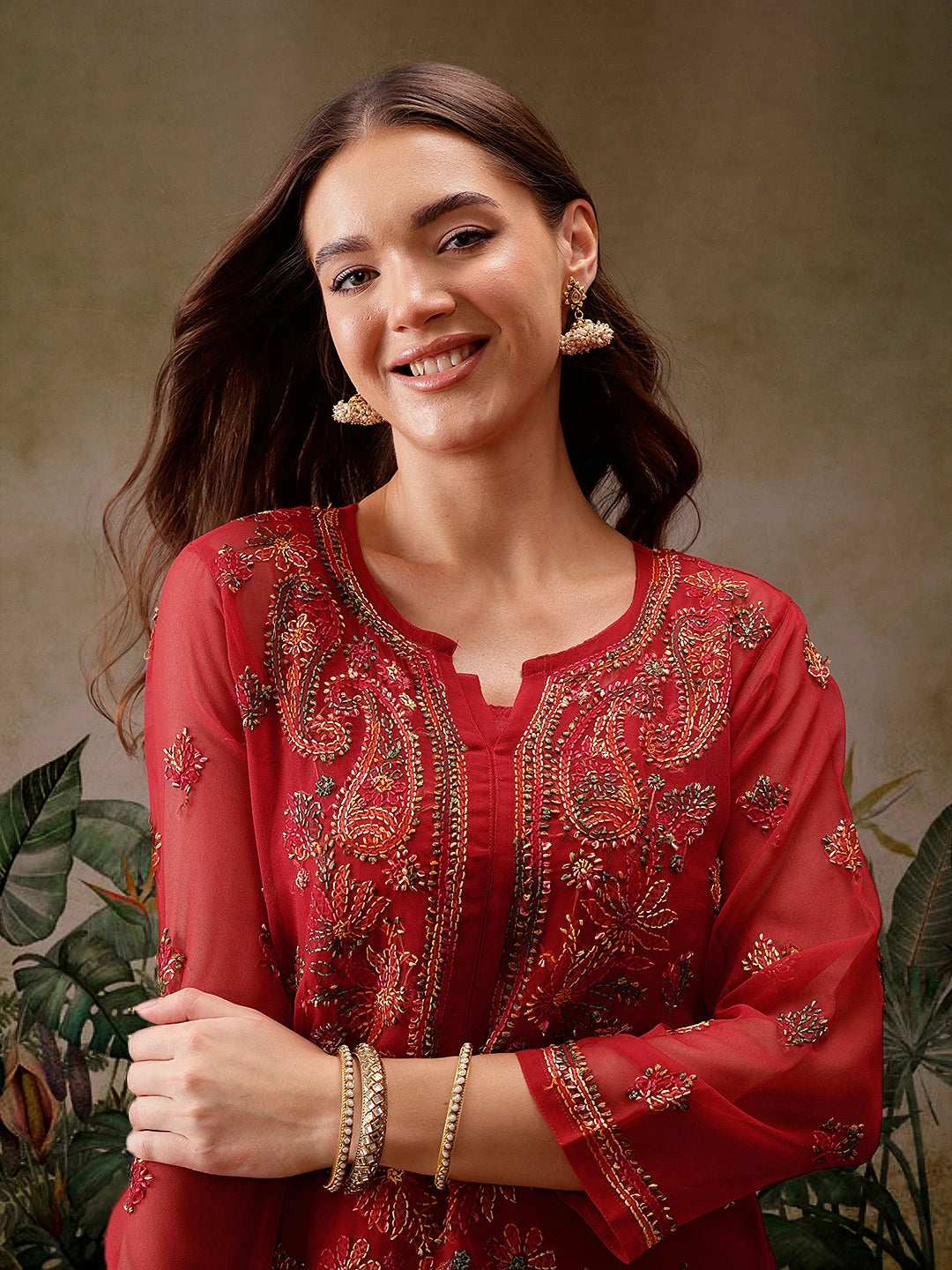 Ada Hand Embroidered Red Georgette Lucknowi Chikankari Straight Kurta With Slip A411155