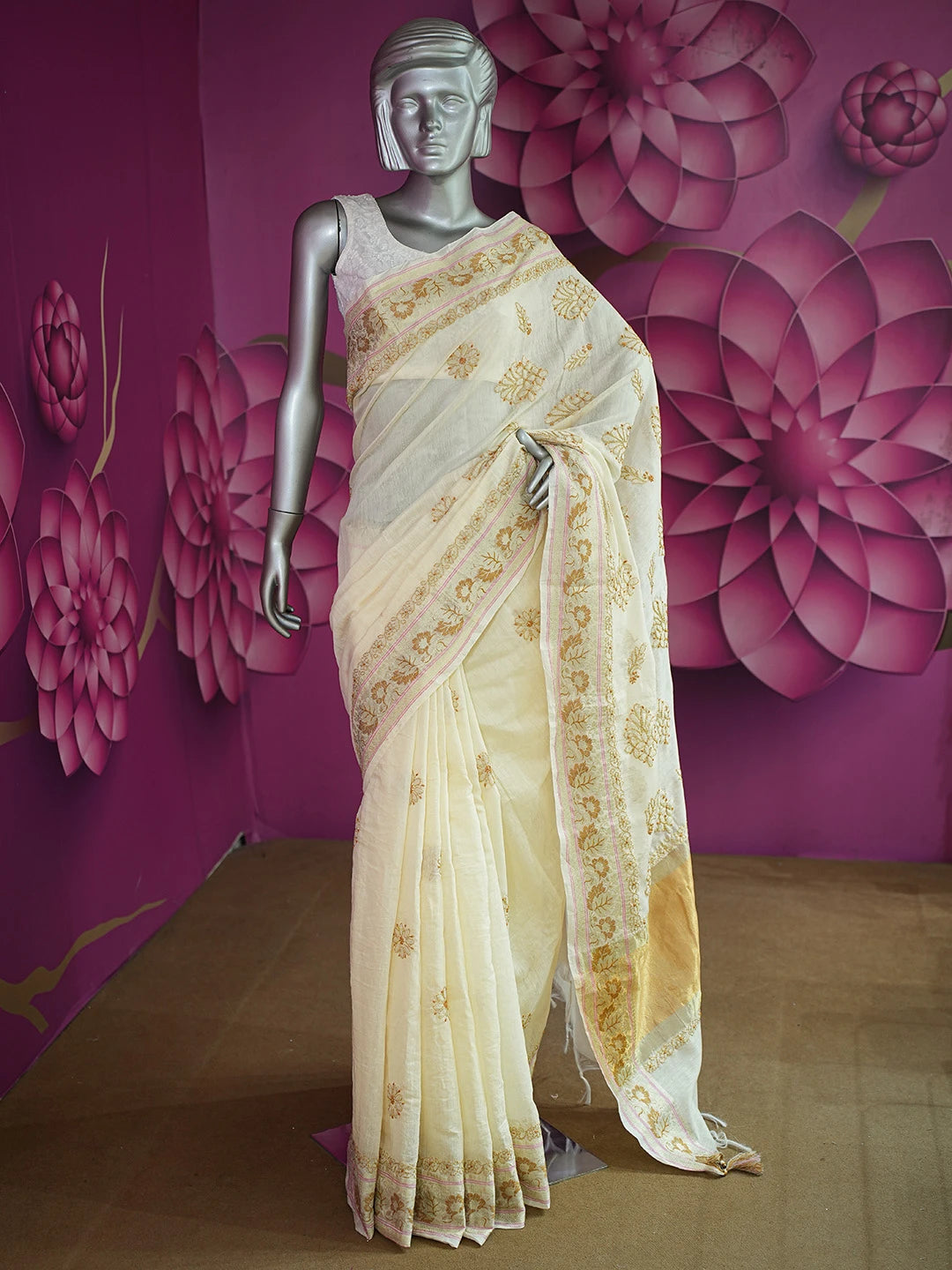 Ada Hand Embroidered Light Fawn Chanderi Lucknowi Chikankari Saree and Blouse 01A713371