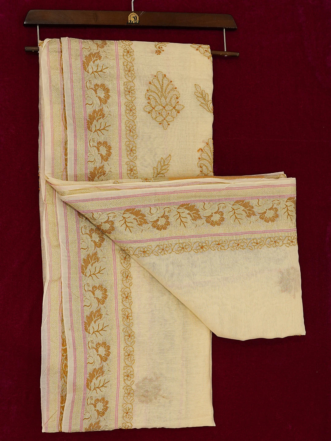 Ada Hand Embroidered Light Fawn Chanderi Lucknowi Chikankari Saree and Blouse 01A713371