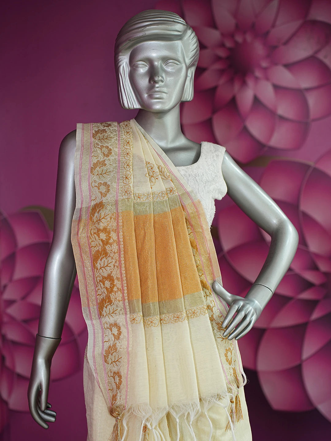 Ada Hand Embroidered Light Fawn Chanderi Lucknowi Chikankari Saree and Blouse 01A713371