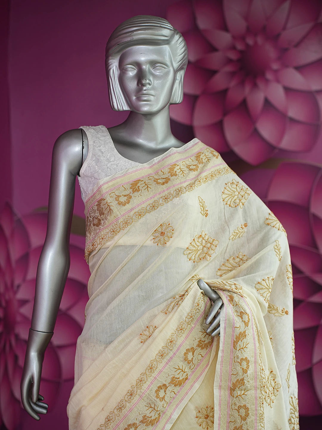 Ada Hand Embroidered Light Fawn Chanderi Lucknowi Chikankari Saree and Blouse 01A713371