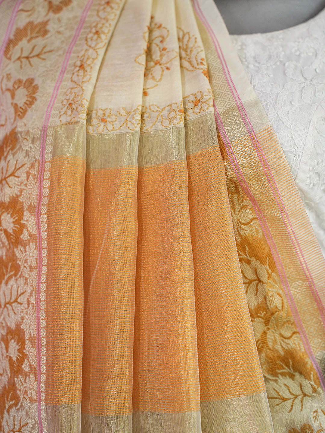 Ada Hand Embroidered Light Fawn Chanderi Lucknowi Chikankari Saree and Blouse 01A713371