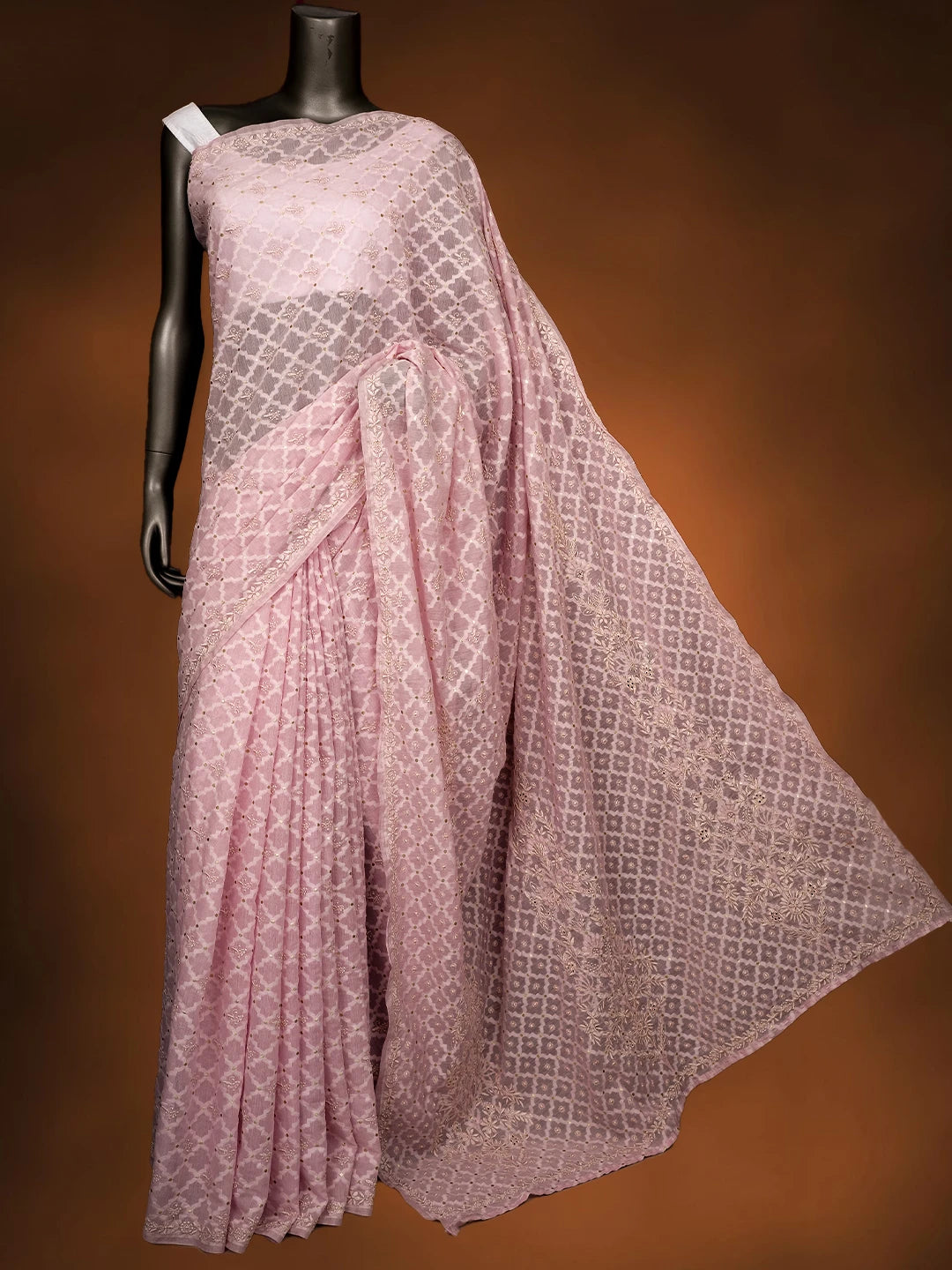 Ada Hand Embroidered Pink Chanderi Lucknowi Chikankari Saree and Blouse 01A696256