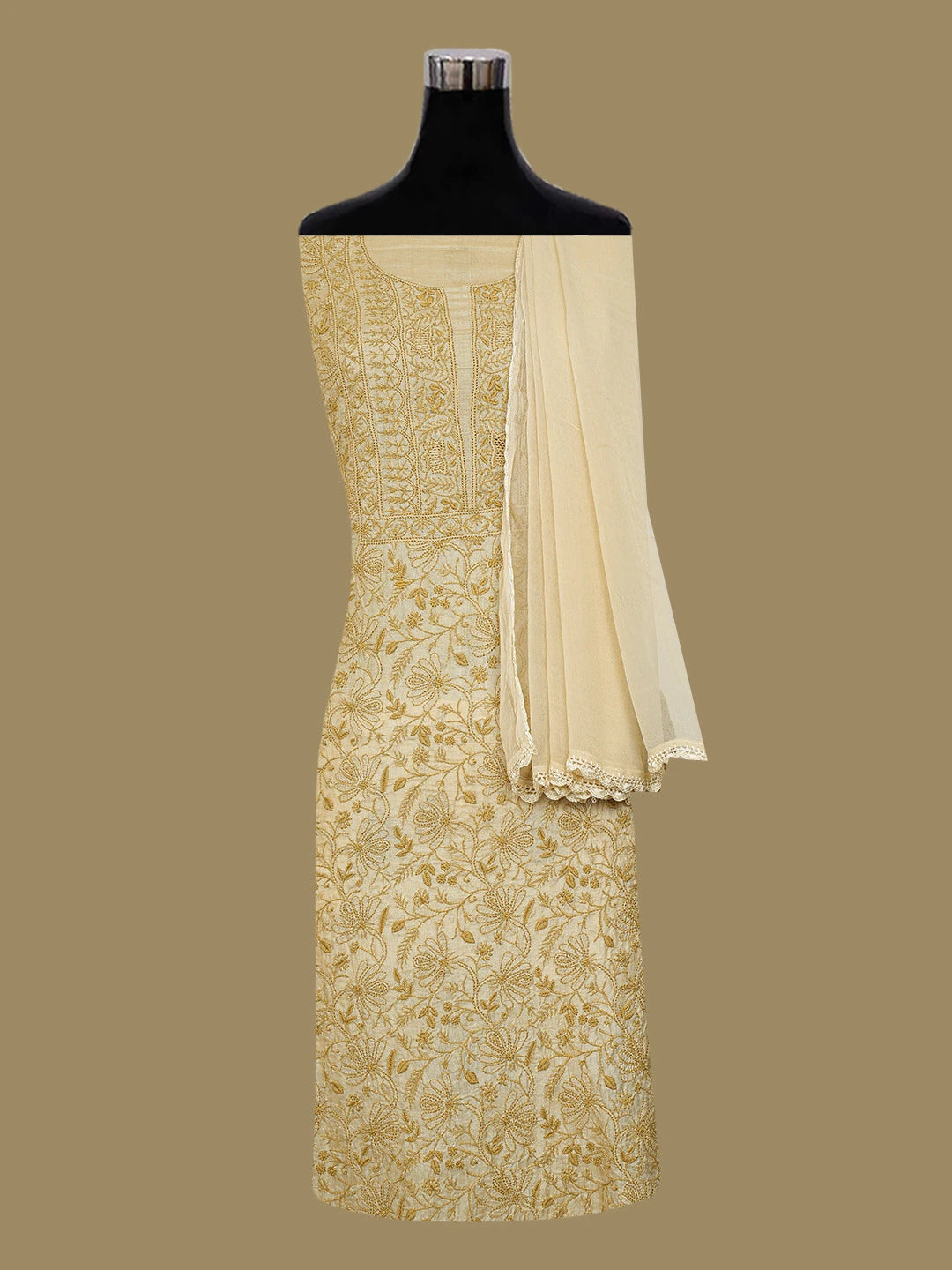 Ada Hand Embroidered Fawn Silk Lucknowi Chikankari Unstitched Suit Piece 01A546597